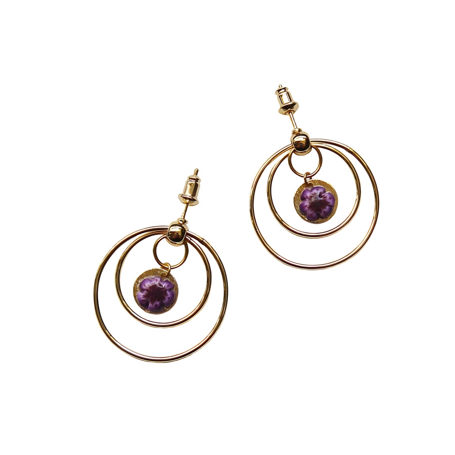 Bohemian floral round earrings, 24K gold brass, pendant, purple flower jewelry, handmade, Joanna Calla
