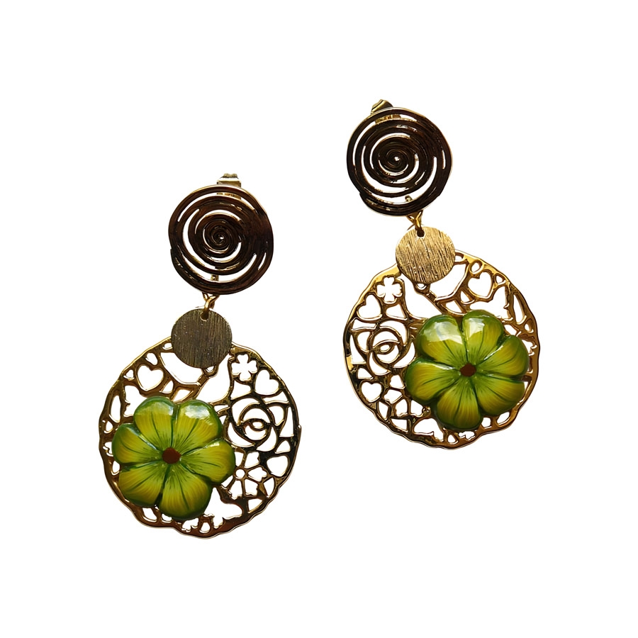 Boucles d'oreilles florales, bohème en laiton or 24K, pendantes, bijoux fleurs vertes, nature, fait main, Joanna Calla