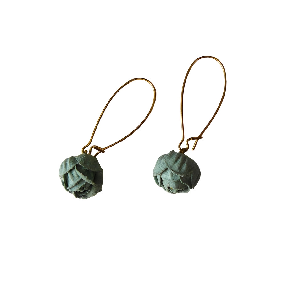 Boucles d'oreilles florales, en laiton or 24k, pendantes, bijoux fleurs pivoine verte, nature, fait main, Joanna Calla