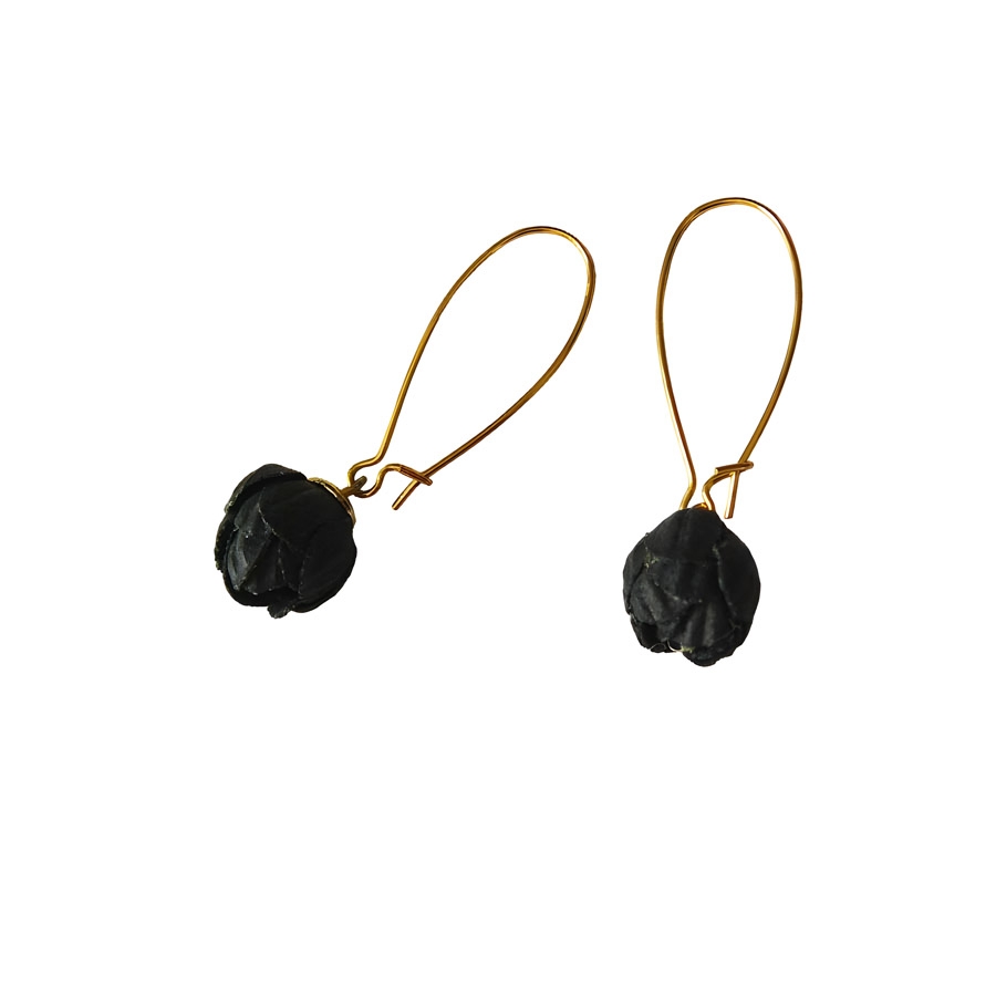 Boucles d'oreilles florales, en laiton or 24k, pendantes, bijoux fleurs pivoine noire, nature, fait main, Joanna Calla