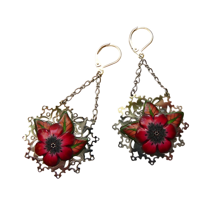 Bohemian floral pendant earrings in silver brass, red flower in polymer clay, handmade, Joanna Calla
