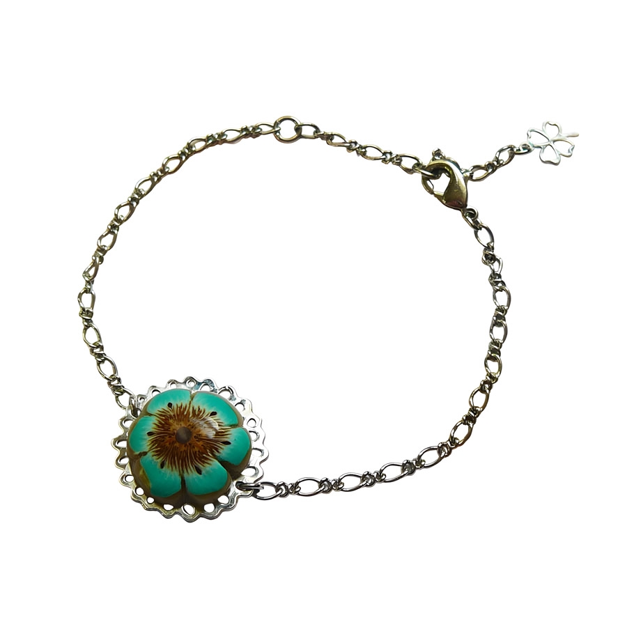 Bracelet fin floral, bohème, en laiton argent, bijoux fleurs cerisier vert, bijoux floraux, nature, fait main, Joanna Calla