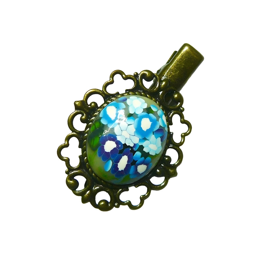 Crocodile clip, retro oval pin, blue flowers, handmade, Joanna Calla