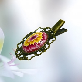 Pince croco épingle ovale rétro dahlia rouge jaune