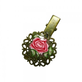 Retro round filigree clip, red rose flower flower, handmade, Joanna Calla