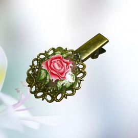Retro clip hair round filigree metal red rose