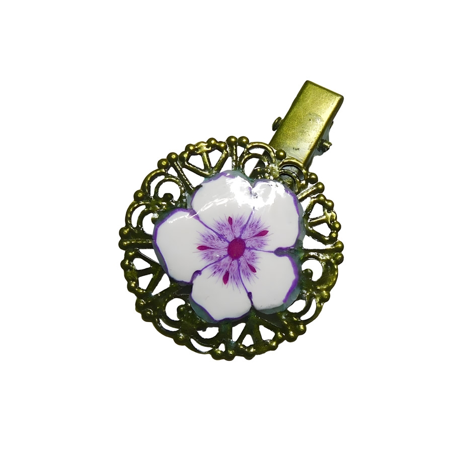 Pince rétro estampe ronde fleur lilas, fait main, Joanna Calla