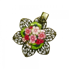 Retro round filigree clip, pink flowers, handmade, Joanna Calla