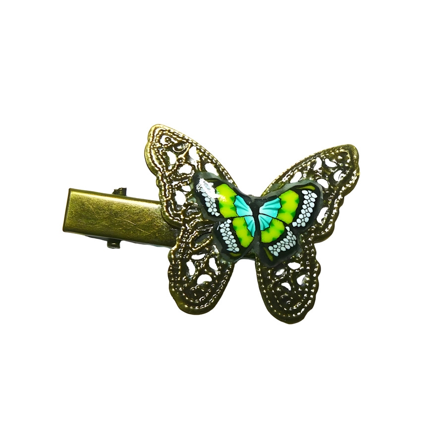 Pince croco épingle papillon vert jaune, fait main, Joanna Calla