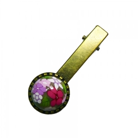 Retro round clip, purple pink flowers, handmade, Joanna Calla