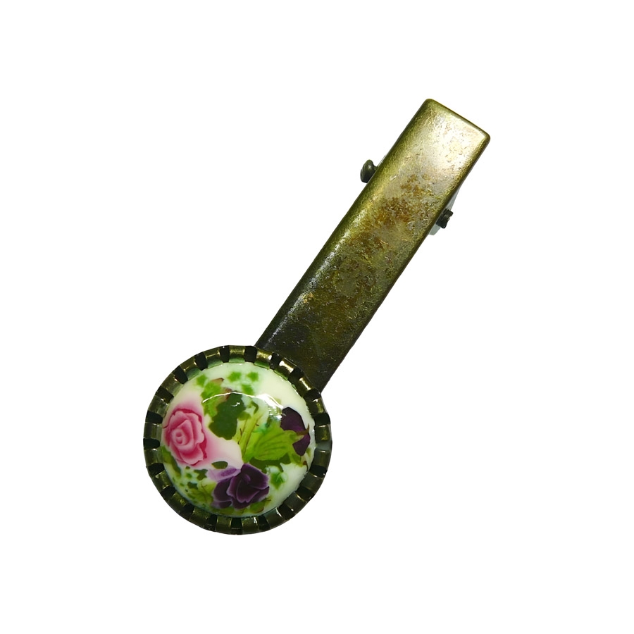 Crocodile retro round clip, two roses flowers, handmade, Joanna Calla