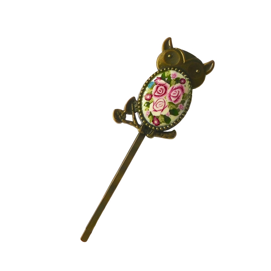 Epingle à cheveux hibou trois roses, fait main, Joanna Calla