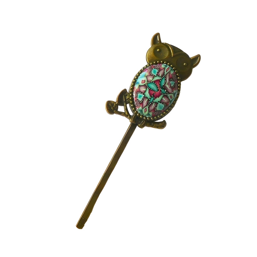 Owl hairpin, purple green mandala, handmade, Joanna Calla