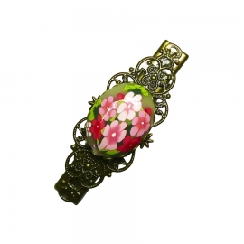 Retro crocodile clip, pink flowers, handmade, Joanna Calla