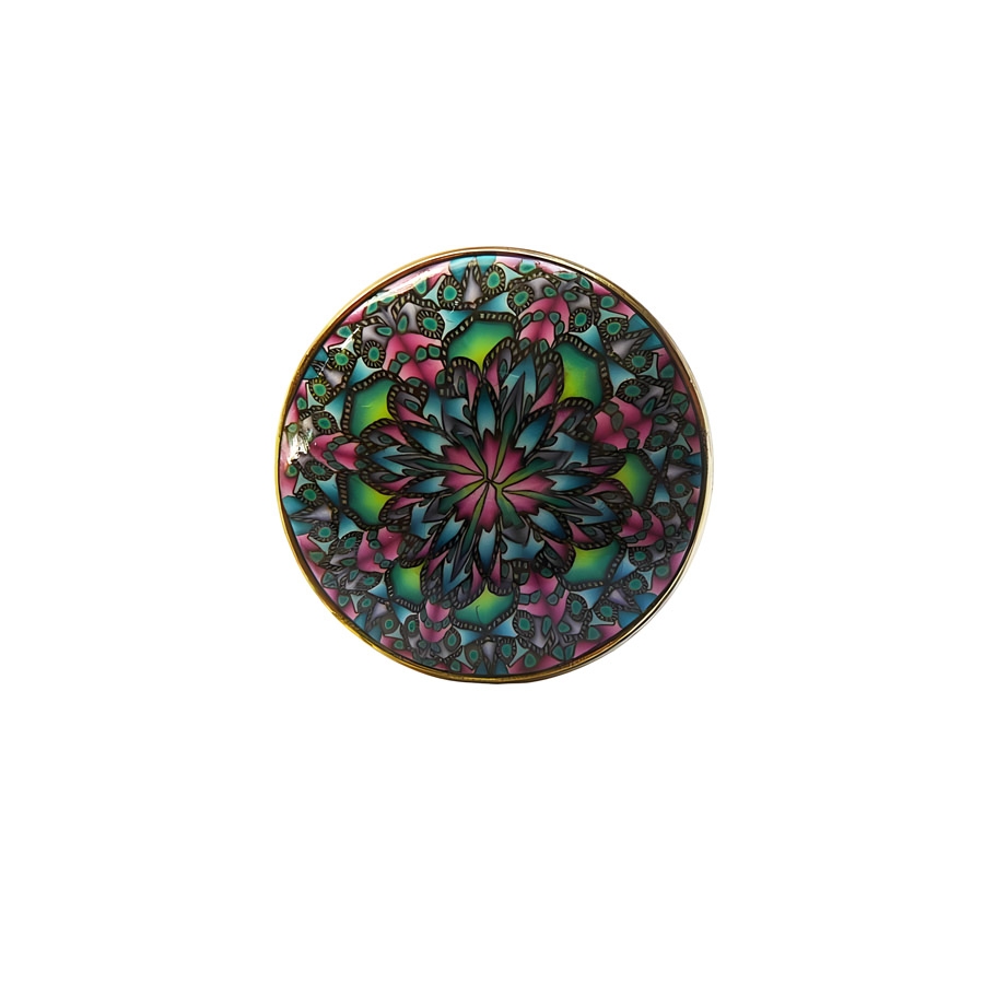 Bohemian round ring, green pink mandala, unique piece, handmade, Joanna Calla