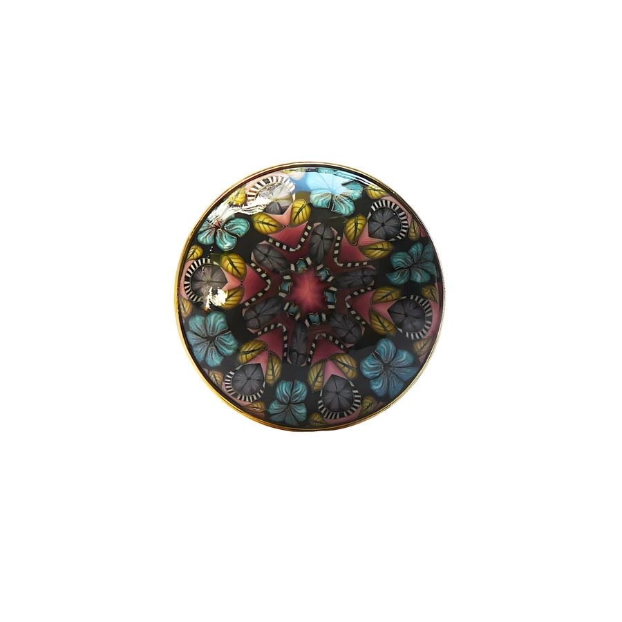 Floral round ring in brass, blue red mandala, unique piece, handmade, Joanna Calla