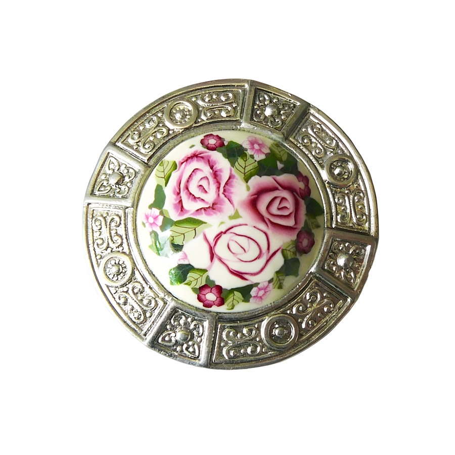 Broche ronde argentée, rétro bohème, bijoux floraux trois roses, bijoux fleurs, fait main, Joanna Calla