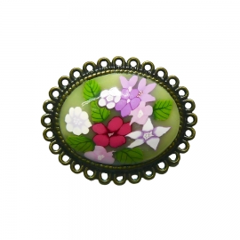 Broche rétro ovale fleurs rose mauve, fait main, Joanna Calla