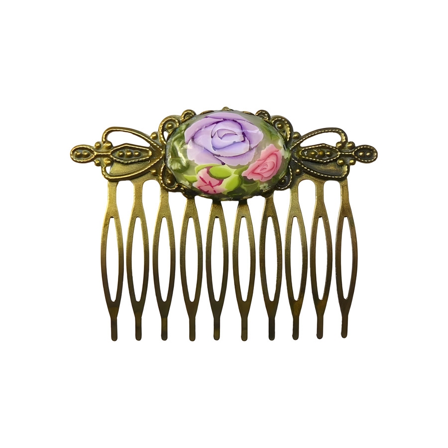 Retro hair comb, purple rose, handmade, Joanna Calla