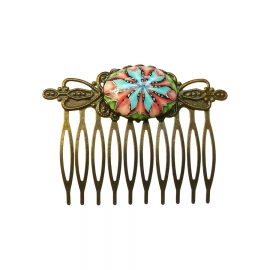 Peigne rétro à cheveux mandala rose bleu, fait main, Joanna Calla