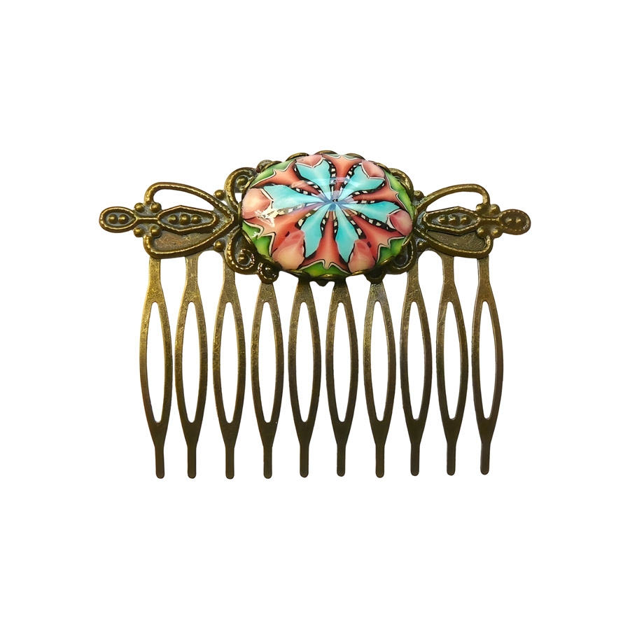 Peigne rétro à cheveux mandala rose bleu, fait main, Joanna Calla