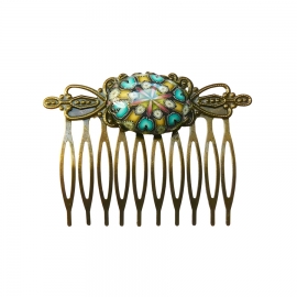 Retro hair comb, blue yellow mandala, handmade, Joanna Calla