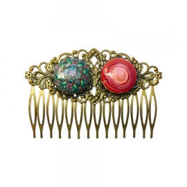 Peigne rétro double cabochon vert rouge, fait main, Joanna Calla