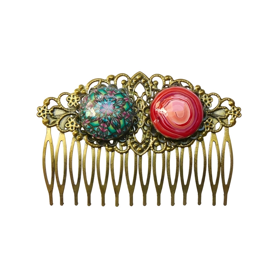 Retro comb, double red green cabochon, handmade, Joanna Calla