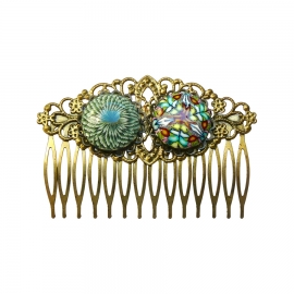Retro comb, double green cabochon, handmade, Joanna Calla