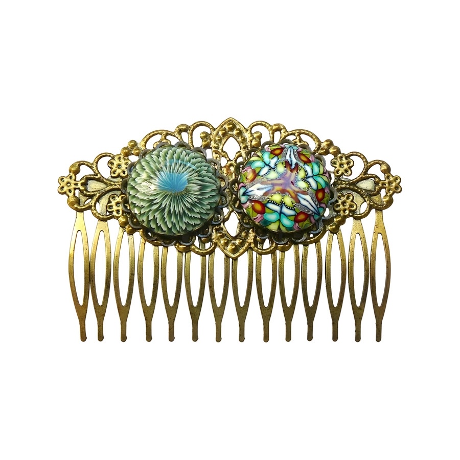 Peigne rétro double cabochon vert, fait main, Joanna Calla