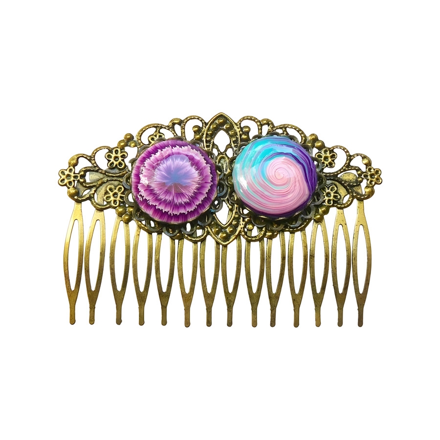 Peigne rétro double cabochon rose fuchsia, fait main, Joanna Calla