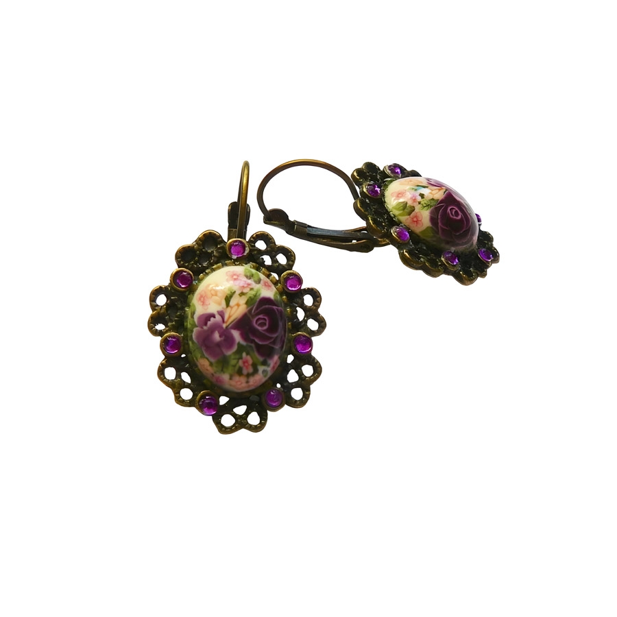 Boucles d'oreilles dormeuses rétro roses mauves, fait main, Joanna Calla
