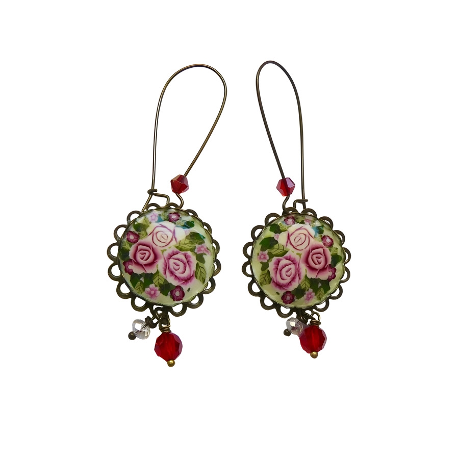 Pendant earrings, three roses, handmade, Joanna Calla