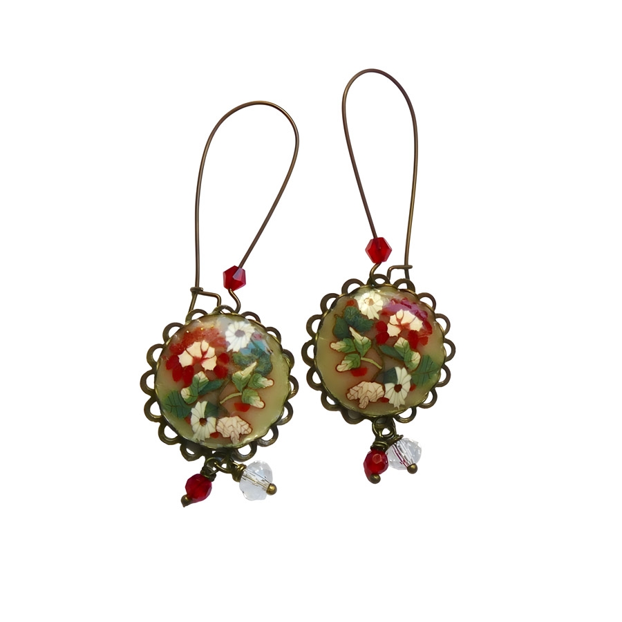 Boucles d'oreilles pendantes, fleurs rouge blanc, fait main, Joanna Calla