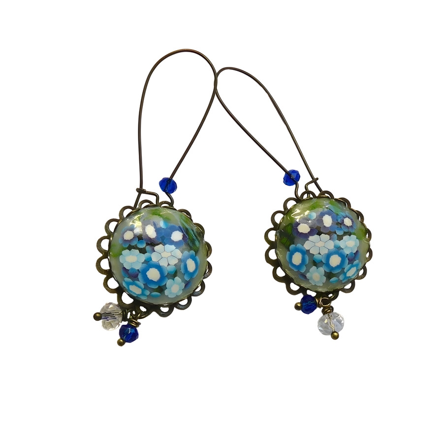 Boucles d'oreilles pendantes, fleurs bleues, fait main, Joanna Calla