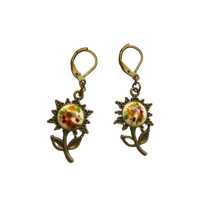 Boucles d'oreilles pendantes, tournesol jaune, fait main, Joanna Calla