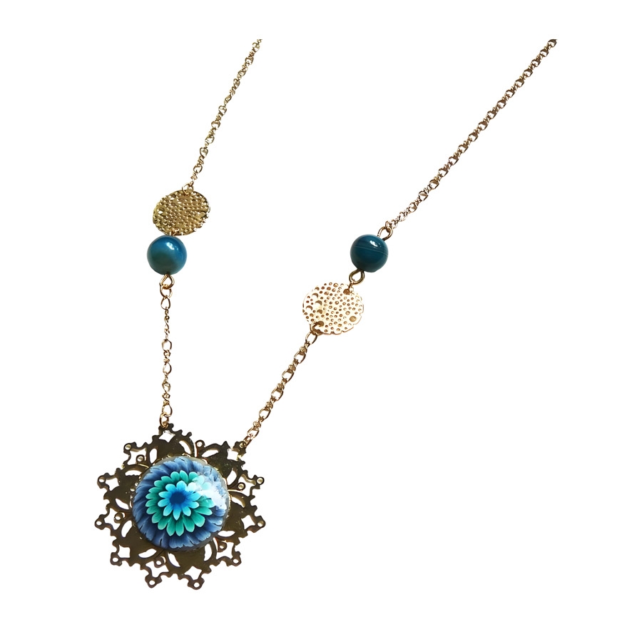 Floral golden pendant necklace, blue dahlia flower, handmade, art crafts, Joanna Calla