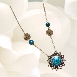 Floral golden pendant necklace, blue dahlia flower, handmade, art crafts, Joanna Calla