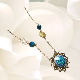 Floral golden pendant necklace, blue dahlia flower, handmade, art crafts, Joanna Calla