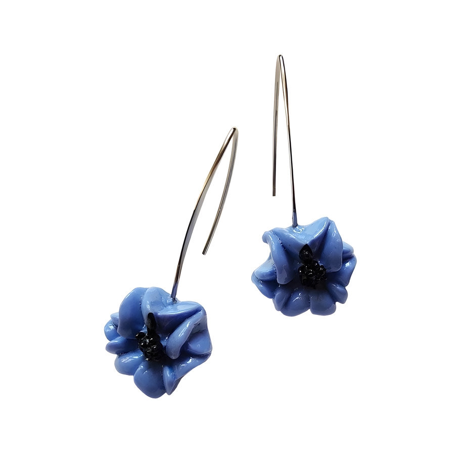 Boucles d'oreilles florales pendantes, hibiscus bleu, bijoux fleuris, nature, fait main, Joanna Calla