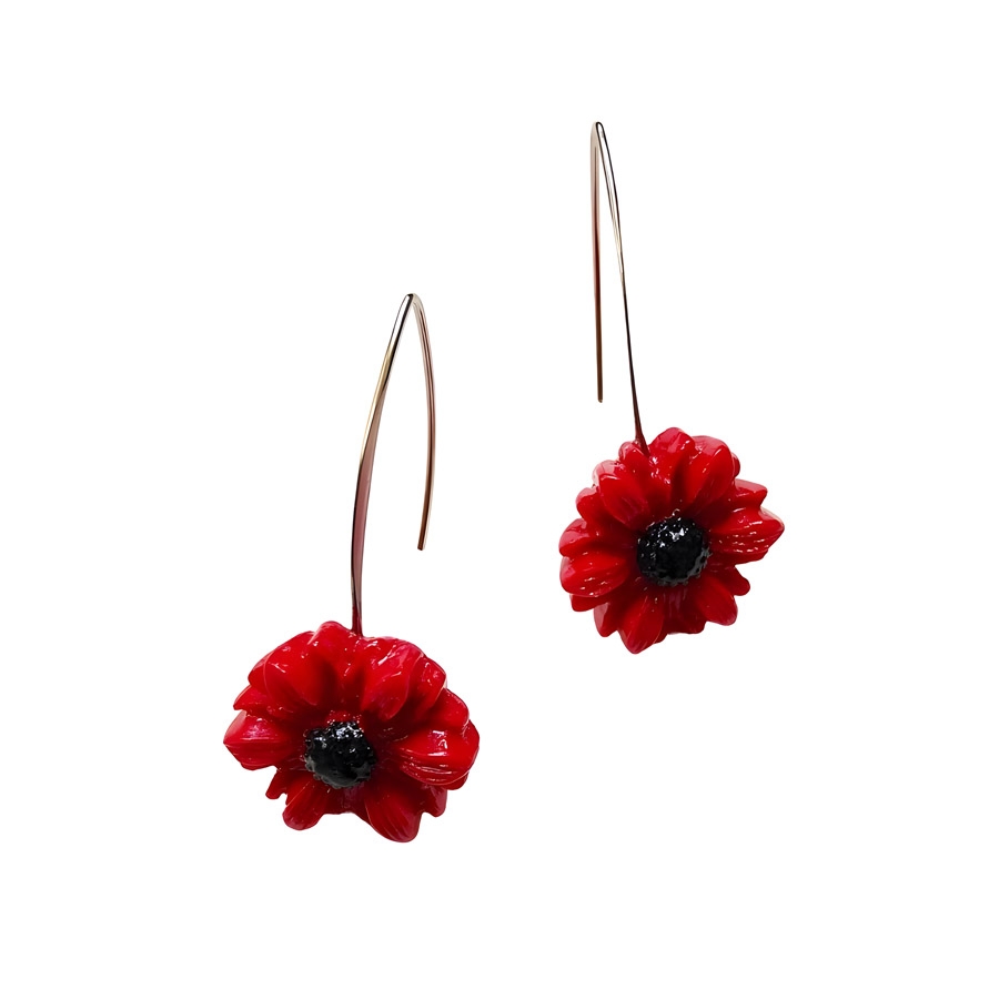 Boucles d'oreilles pendantes artisanales, en acier inoxydable, bijoux floraux, fleur marguerite rouge, fait main, Joanna Calla