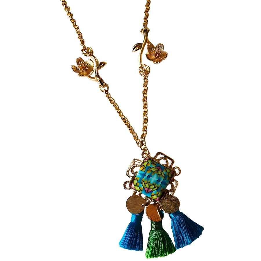 Collier pendentif bohème, en laiton or 24k, bijoux graphiques mandala vert bleu, bijoux floraux, nature, fait main, Joanna Calla