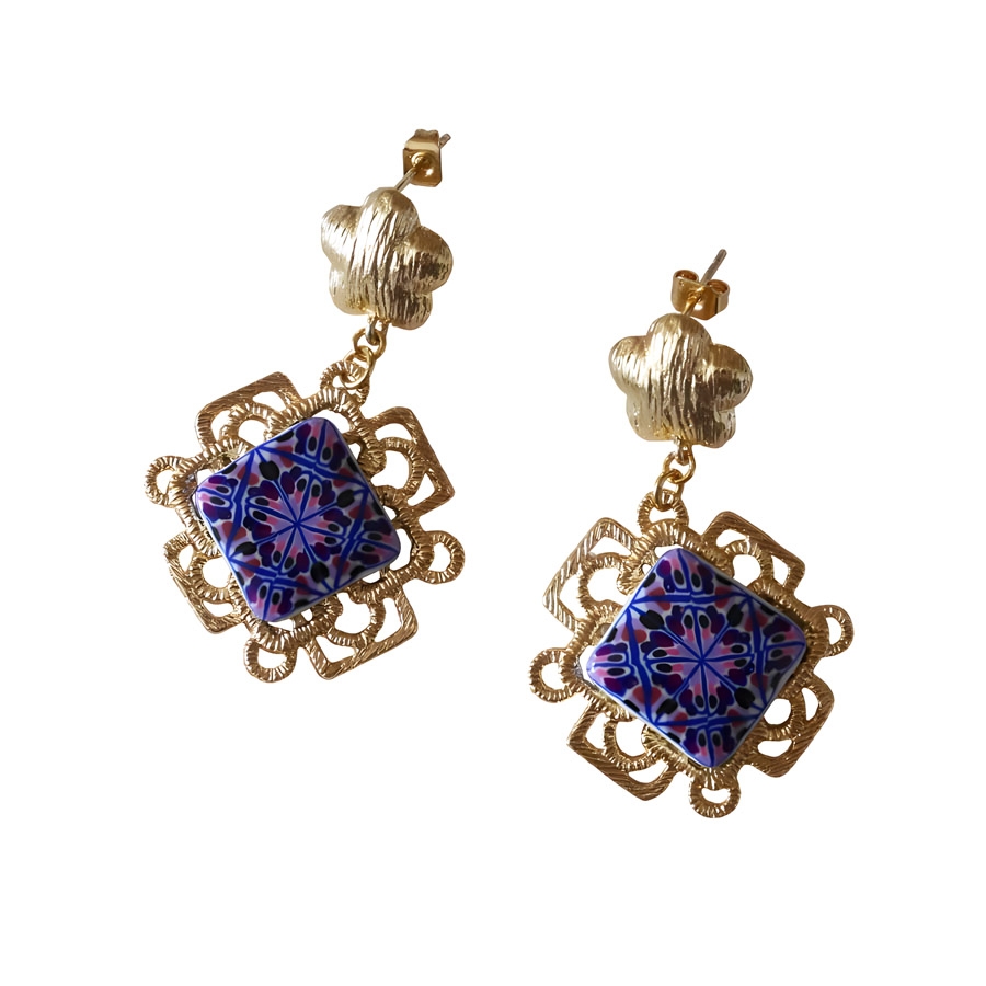 Bohemian earrings Thalie, 24K gold plated dangles, pendants purple mandala in polymer clay, Joanna Calla