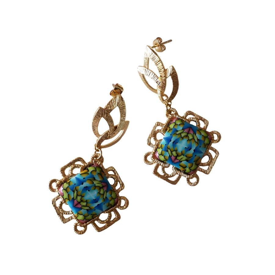 Boucles d'oreilles Art Nouveau, puces en laiton or, pendantes, bijoux graphiques, mandala bleu, nature, fait main, Joanna Calla