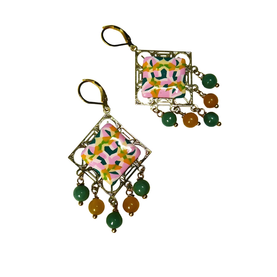 Boucles d'oreilles Art Nouveau, en laiton doré, pendantes, bijoux graphiques, mandala rose vert, nature, fait main, Joanna Calla