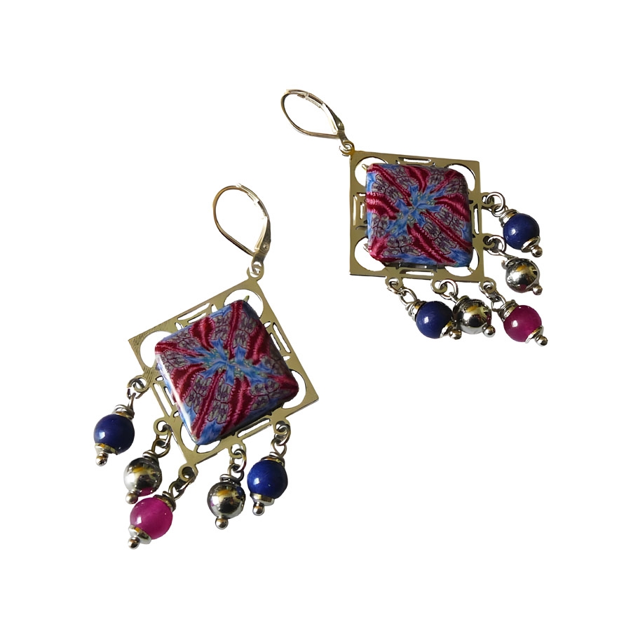 Bohemian silver dangling earrings, blue red mandala in polymer clay, handmade Joanna Calla