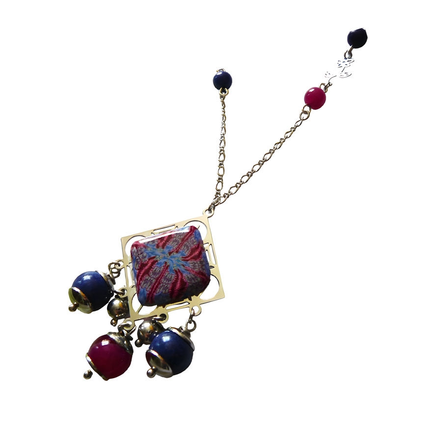 Bohemian silver rhodium necklace, red blue mandala in polymer clay, handmade Joanna Calla