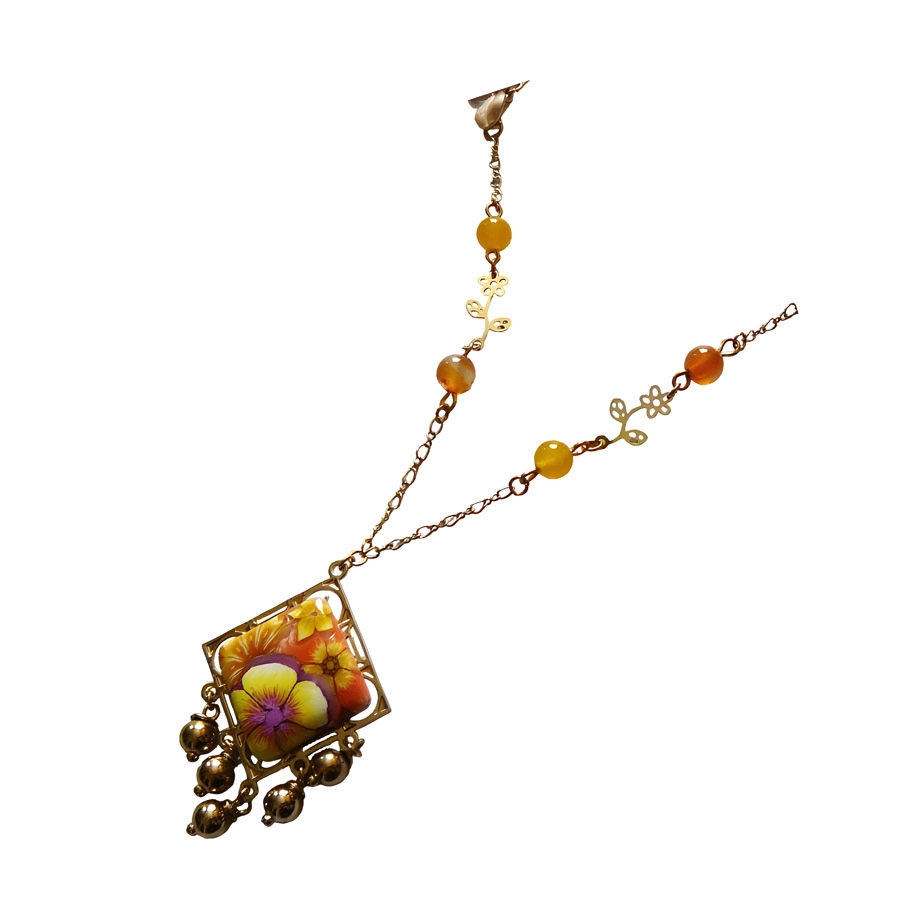 Bohemian necklace in gold plated brass, yellow orange flowers in polymer clay handmade Joanna Calla