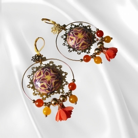 Boucles d'oreilles rondes, en laiton doré, pendantes, bijoux graphiques, mandala marron orange, nature, fait main, Joanna Calla