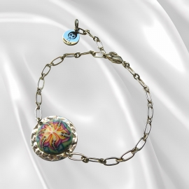 Fine bohemian bracelet, silver plated 925, pink mandala in polymer clay, handmade, Joanna Calla